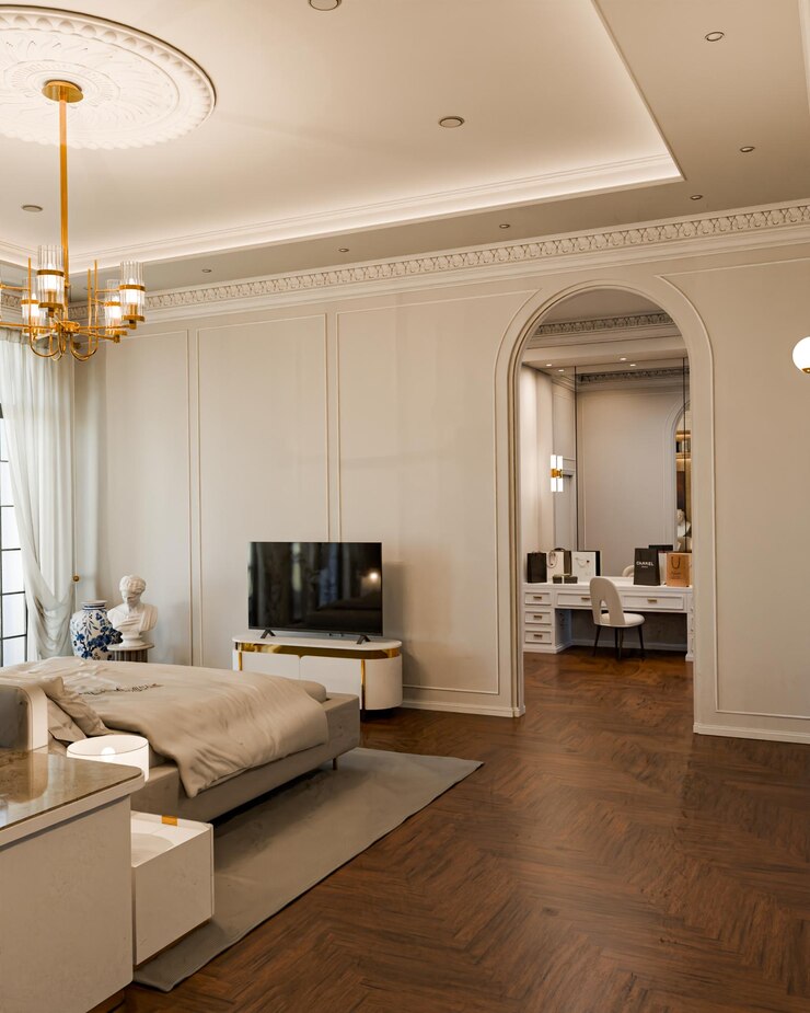 PSD luxueus slaapkamerinterieur met elegant decor en klassieke architectuur