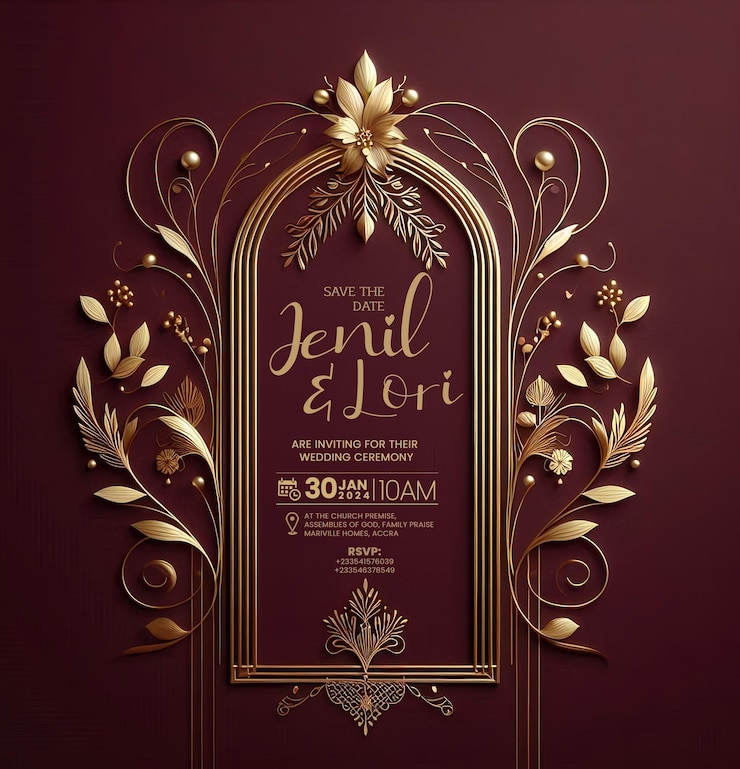 PSD luxurious burgundy and gold wedding invitation