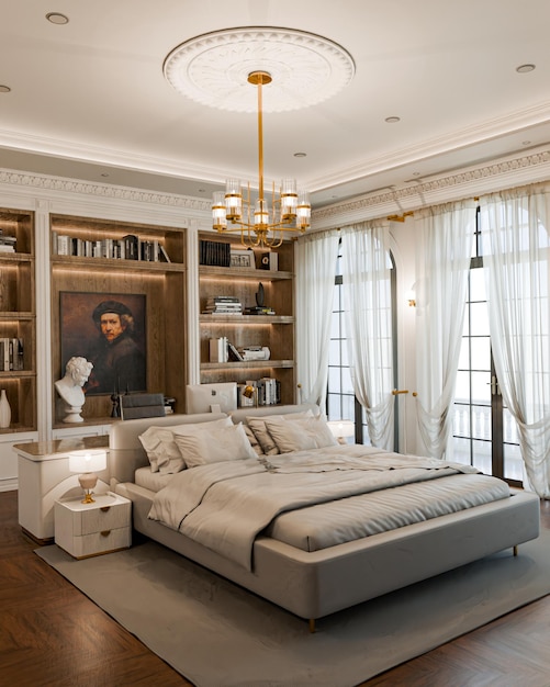 Luxurious Classic Bedroom with Bookshelf and Artwork