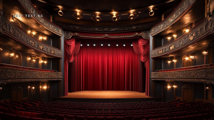 PSD luxurious empty theater with red curtains and stage
