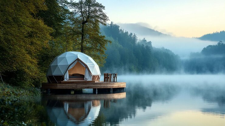 PSD luxurious geodesic dome glamping tent on a lake platform at sunrise misty mountains