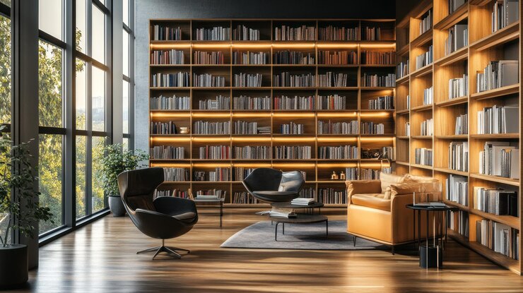 PSD 大きな窓のある豪華な図書館 木製の書棚 快適なアームチェアと暖かい照明