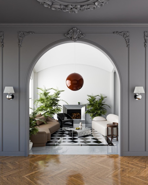 Luxurious living room interior design with elegant archway and chandelier