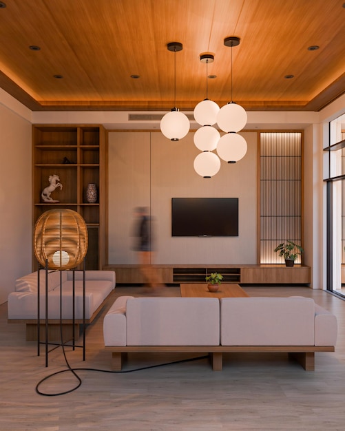 Luxurious Modern Living Room with Elegant Lighting and Wooden Accents