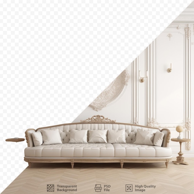 Lussuoso soggiorno di ispirazione rococò con divano antico e modanature decorative in stucco su pareti con sfondo trasparente