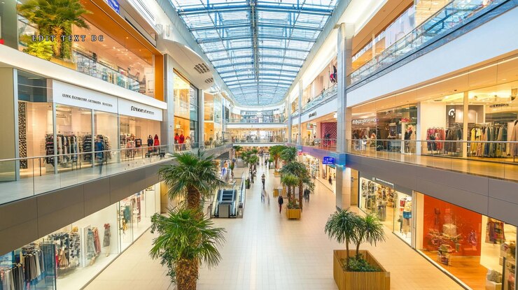 PSD luxurious shopping mall interior with glass roof palm trees and shoppers