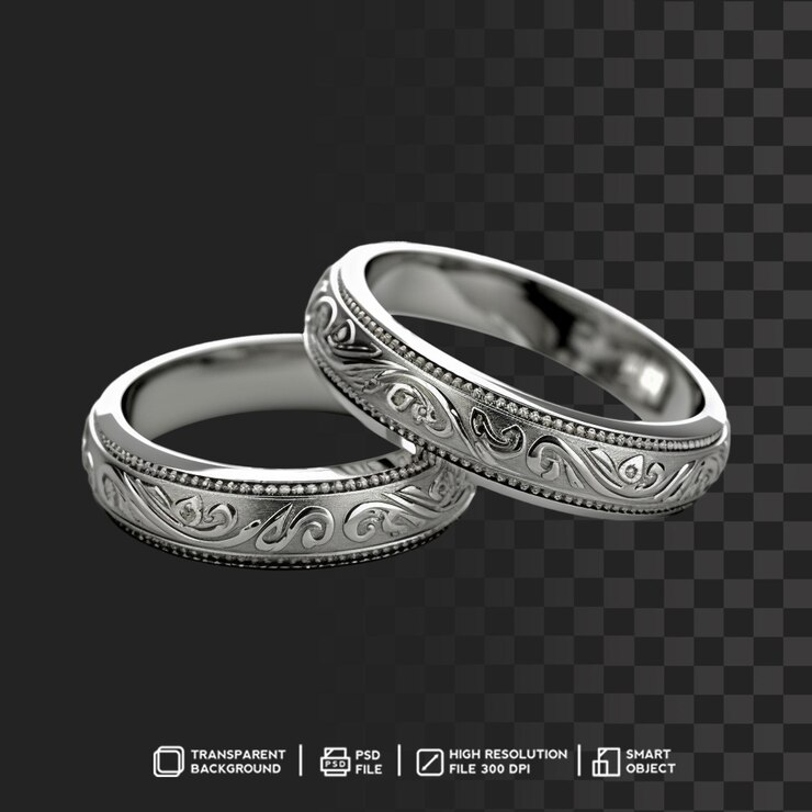 PSD luxurious silver wedding rings with ornament on transparent background
