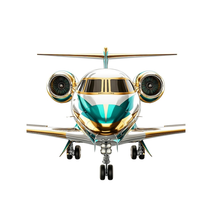 PSD luxurious teal and gold private jet front view