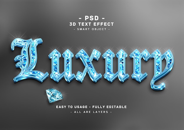 PSD Роскошный 3d эффект стиля текста с голубым бриллиантом