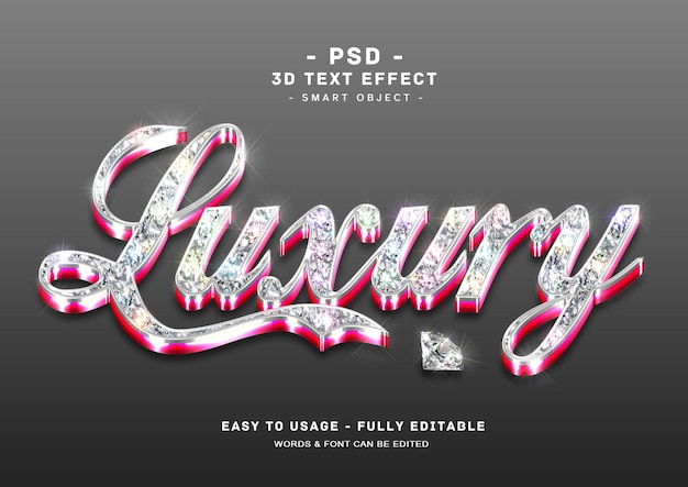 PSD Роскошный 3d эффект стиля текста с розовым бриллиантом