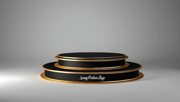 PSD luxury 3d rendered 2 steps black podium stand with round golden edge on gray studio backdrop