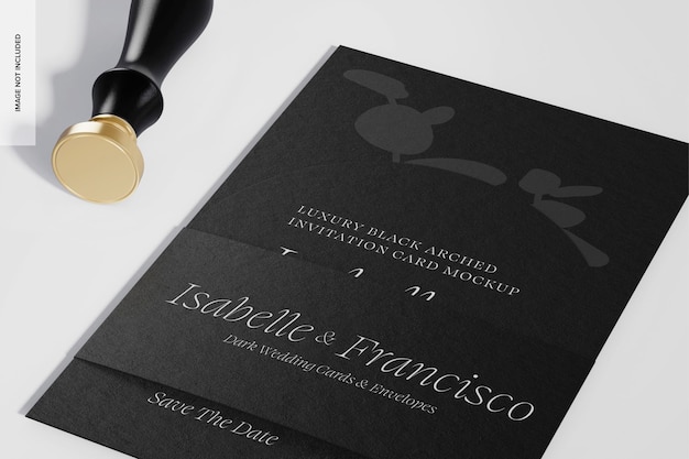 Luxury black arched invitation card mockup, close up