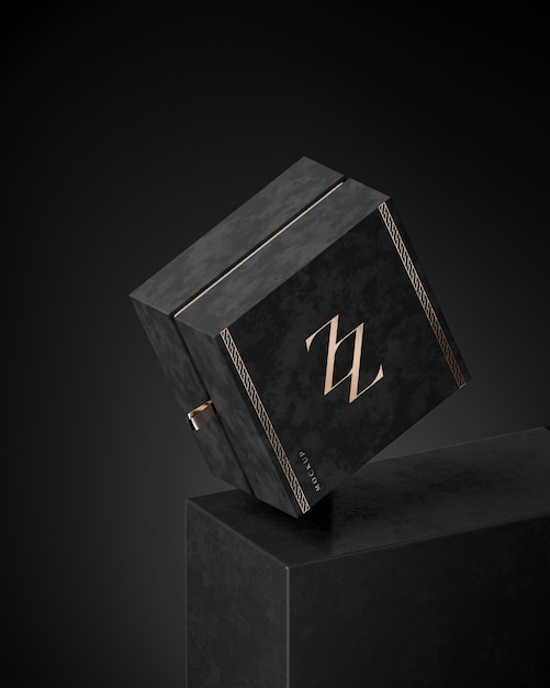 PSD luxury black box mockup for jewelry or gift box on black abstract background 3d render