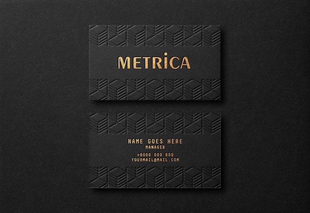 Luxury black business card mockup with gold letterpress effect