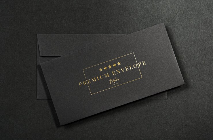 PSD luxury black envelope mockup. realistic gold foil embossed envelope mock up, premium psd
