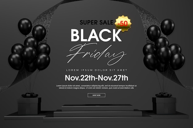 PSD luxury black friday podium and background 3d rendering