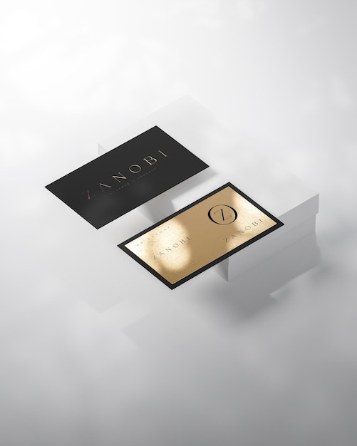 Mockup di biglietto da visita moderno nero e oro di lusso galleggiante per il rendering 3d dell'identità del marchio