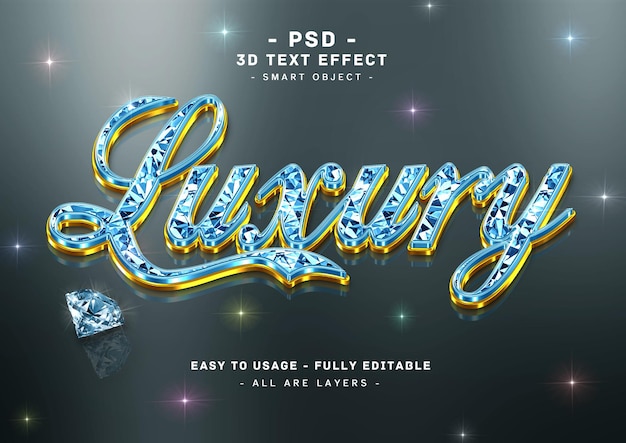 PSD luxury blue golden text effect 3d diamond mirror style