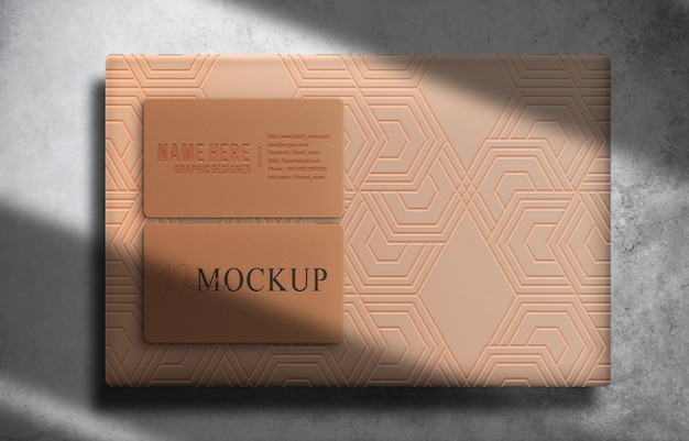 Luxury box and business card embossed top view mockup