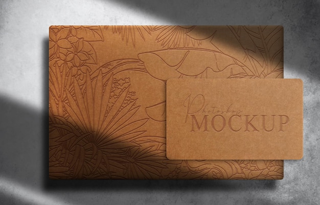 luxury brown paper embossed box and business card mockup