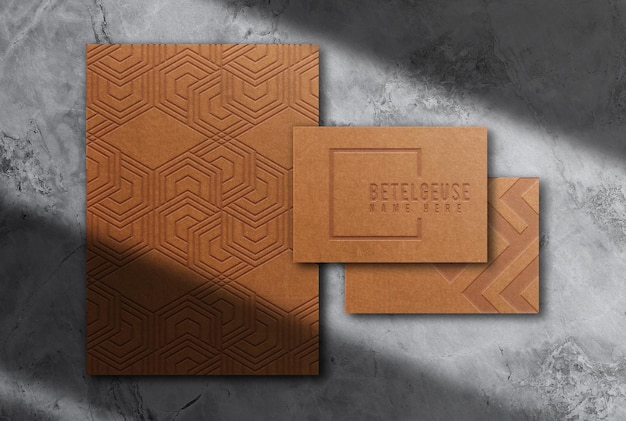 Luxury brown paper embossed paper and business card mockup