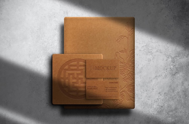 Luxury brown paper embossed paper and business card mockup