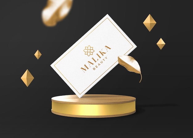 Luxury Business Card Mockup with Golden Ornament and Wood Gold Round Display Stage