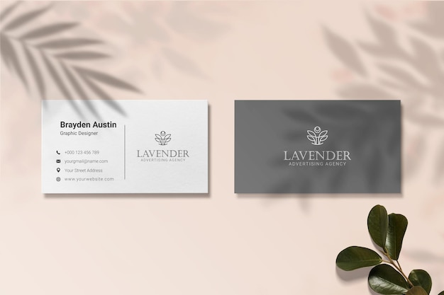 Luxury business card mockup with leaf shadow overlay