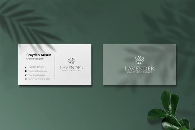 Luxury business card mockup with leaf shadow overlay