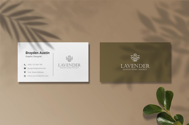 Luxury business card mockup with leaf shadow overlay