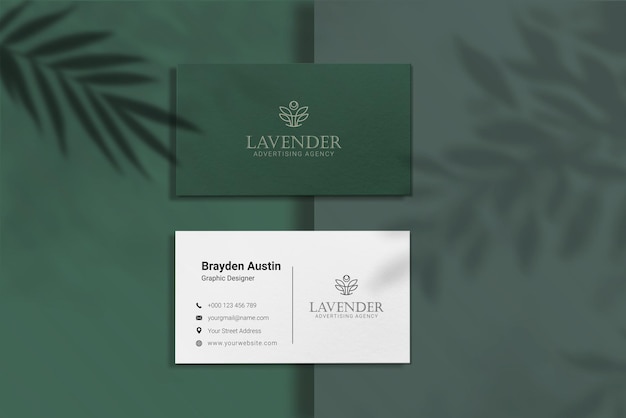 Luxury business card mockup with leaf shadow overlay