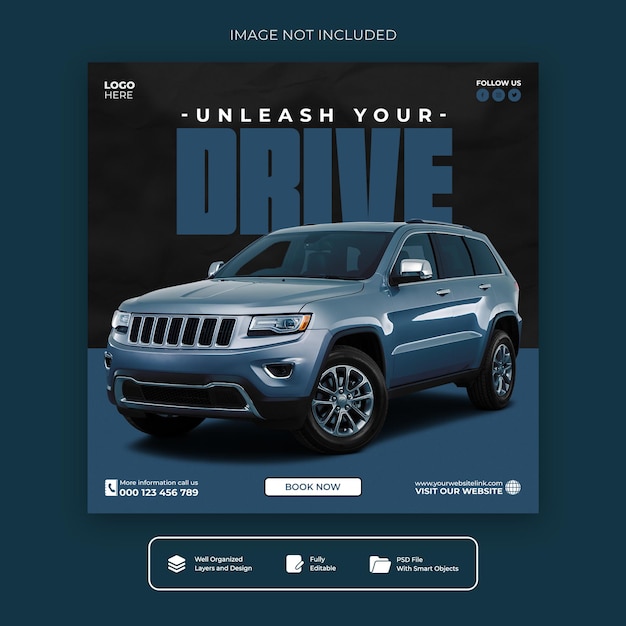 PSD luxury car rental social media promotion post template for automotive services