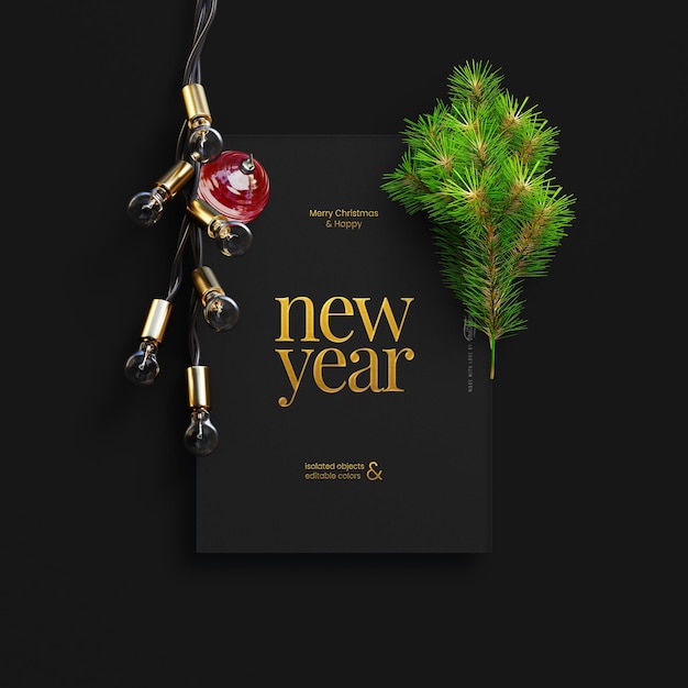 Luxury christmas card mockup template decorated with pine leaves and light bulbs