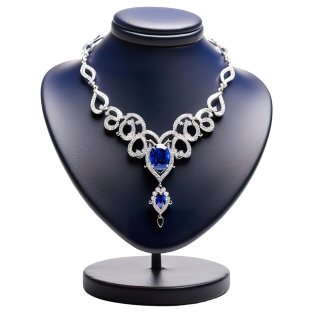 PSD luxury diamond and sapphire necklace on display stand fine jewelry