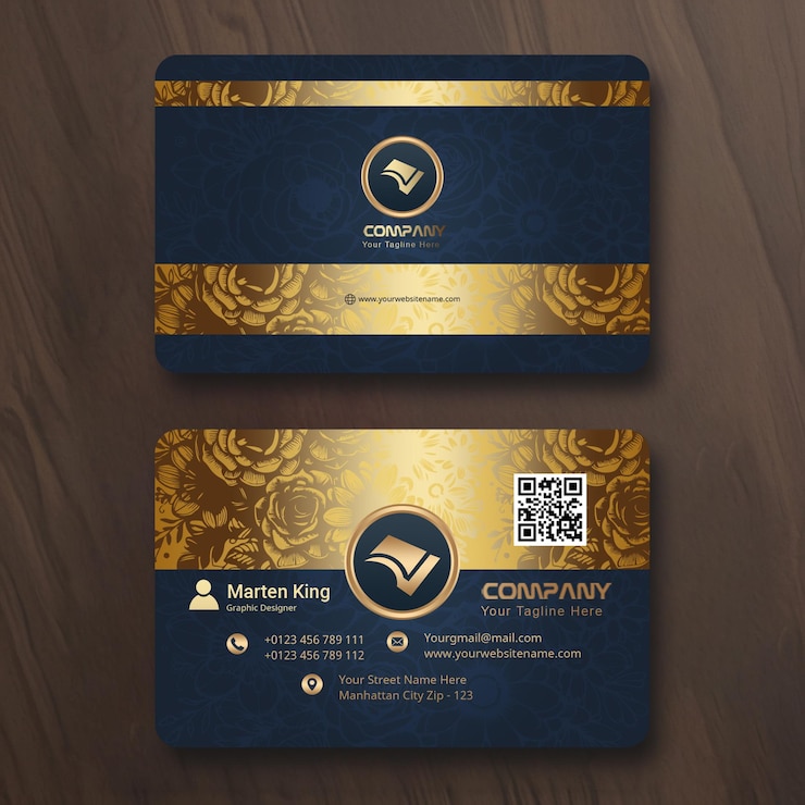 PSD luxury gold and navy business card with floral pattern
