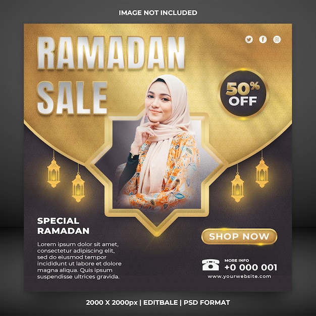 PSD luxury gold ramadan sale square banner promotion or social media post template