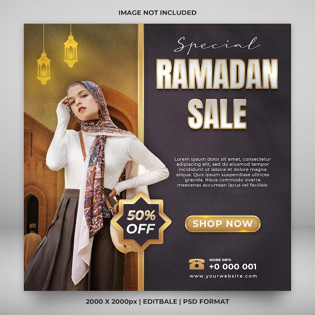 Promozione banner quadrato di vendita ramadan oro di lusso o modello di post sui social media