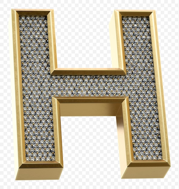 PSD alfabeto dorato di lusso con diamanti la lettera h ha isolato l'immagine di rendering 3d