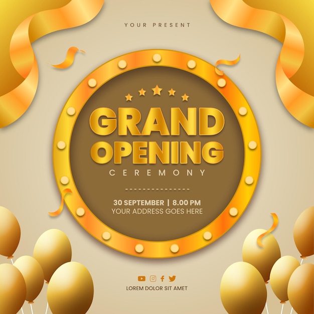 PSD luxury grand opening ceremony flyer with gold balloons