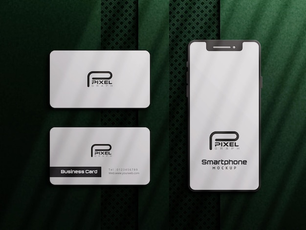 Luxury Green Business Card mockup with Smartphone