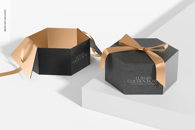 Luxury hexagon gift boxes mockup, opened and closed