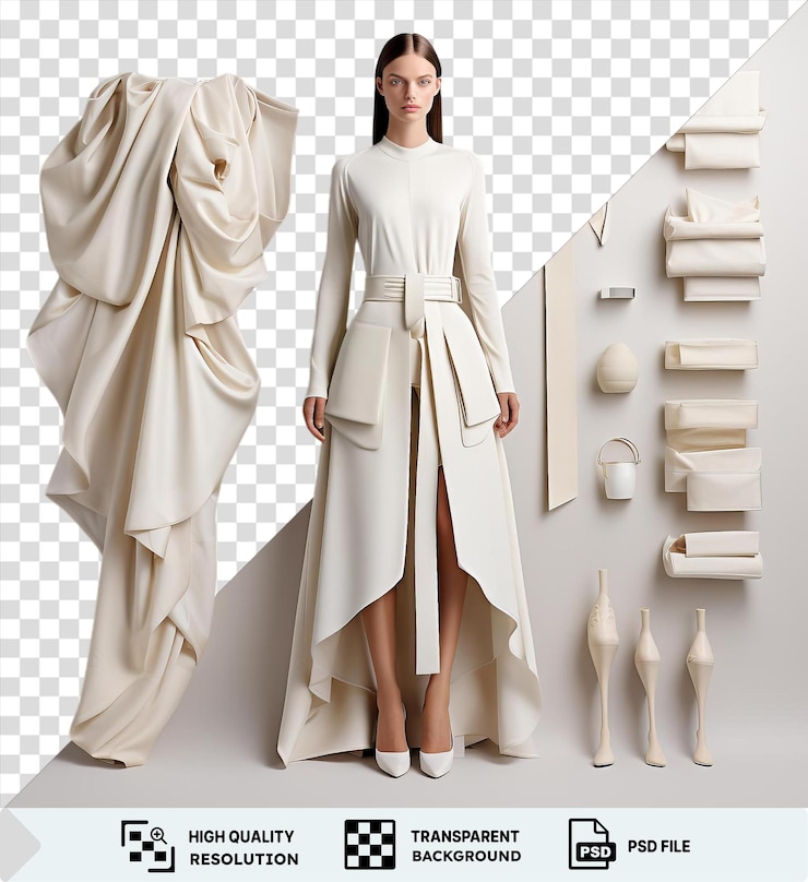 PSD luxury high fashion runway collection set featuring a white dress and black hair displayed against a white wall with a hand visible in the foreground