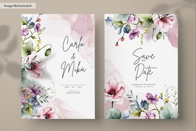 PSD luxury invitation template with floral watercolor
