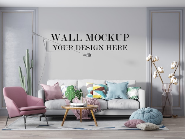 Luxury living room wall mockup with furniture