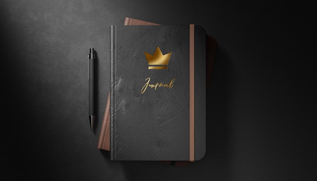 Luxury logo mockup black leather diary on 