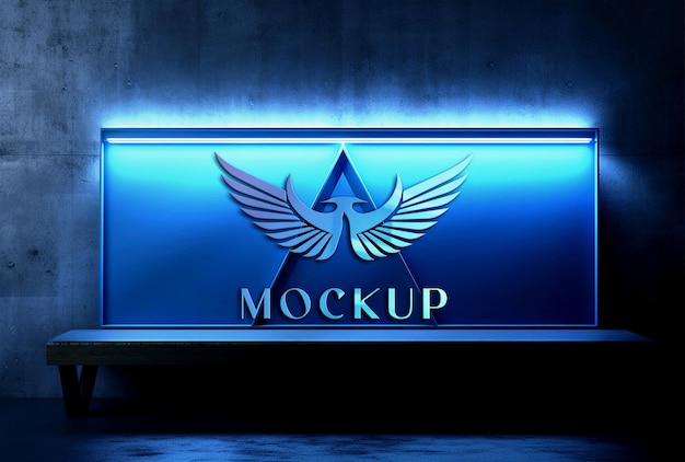 Luxury logo mockup in blue light wall