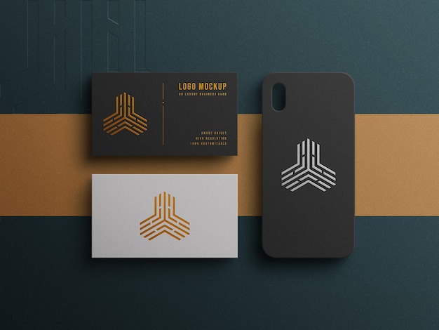 Luxury logo mockup on business card and phone case with letterpress and emboss effect