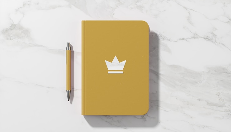 PSD luxury logo mockup on yellow diary white marble background