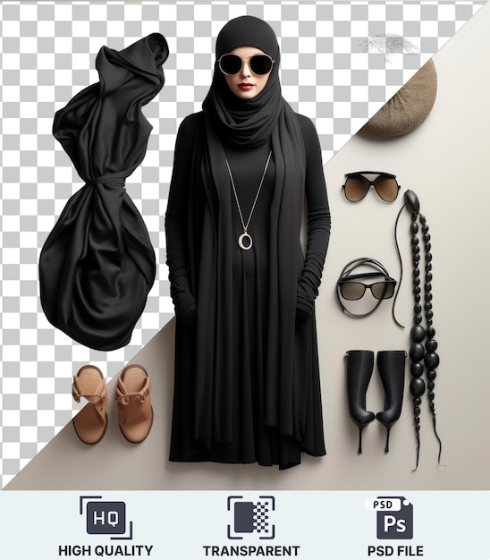 PSD luxury maternity wear and essentials set up featuring a black dress silver necklace black sunglasses and brown sandals against a white wall