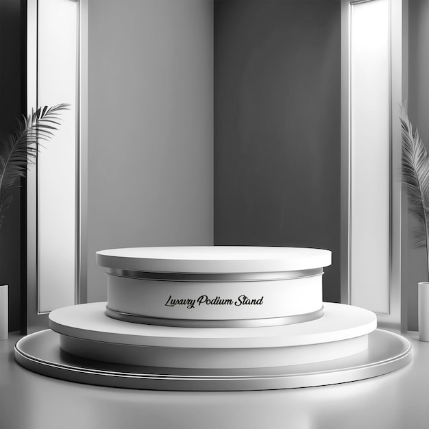 PSD Роскошная современная корпоративная металлическая белая круглая пьедестальная подиумная стойка с деревянной ванной декоративной сценой.